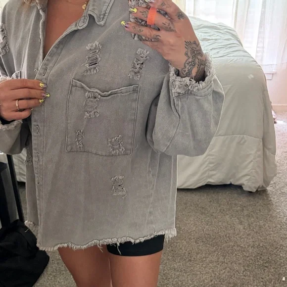 Vici Oversized Distressed Button-Down Shirt Jacket in Light Gray - Picture 5 of 8